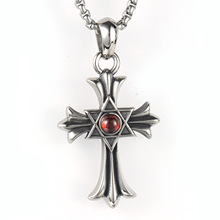 欧美不锈钢饰品  男士项链 复古红宝石十字架钛钢吊坠PS0019