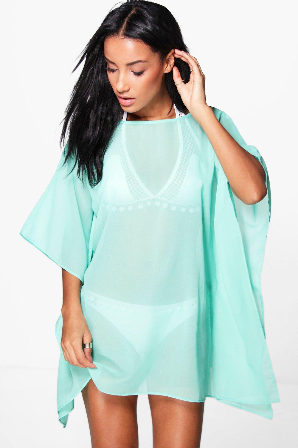 速卖通比基尼雪纺罩衫2017欧美风沙滩性感露背毛球花边透视雪纺衫