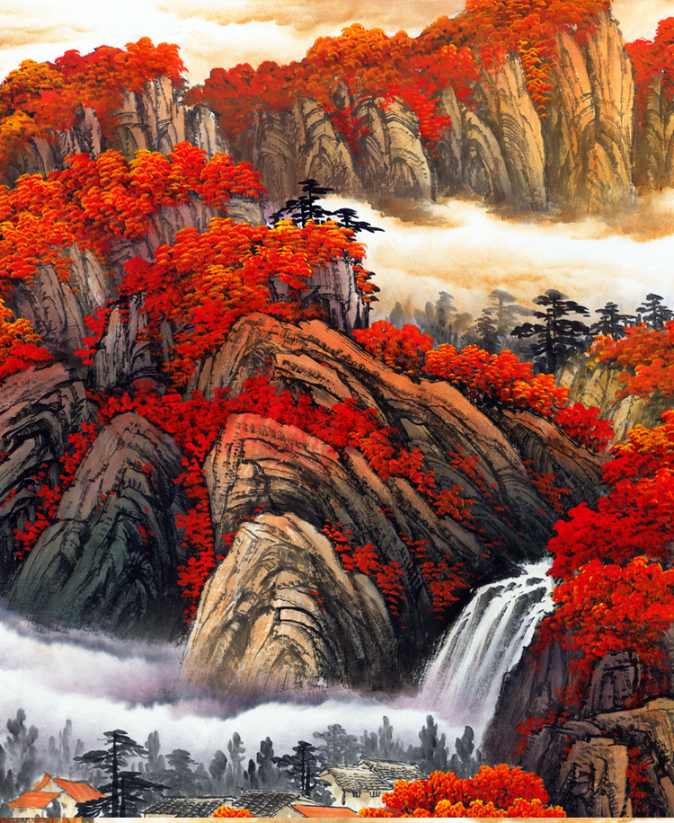 国画鸿运当头山水画客厅办公室公司装饰字画风景画聚宝盆挂画带框