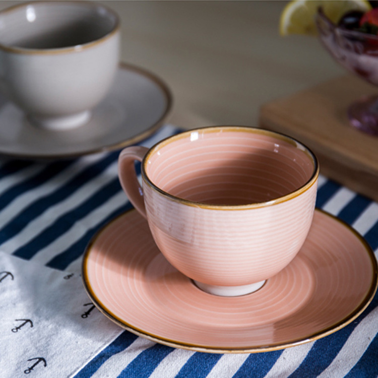 港鹏螺纹咖啡杯碟卡布奇诺陶瓷咖啡杯碟色釉陶瓷杯碟咖啡杯具定做