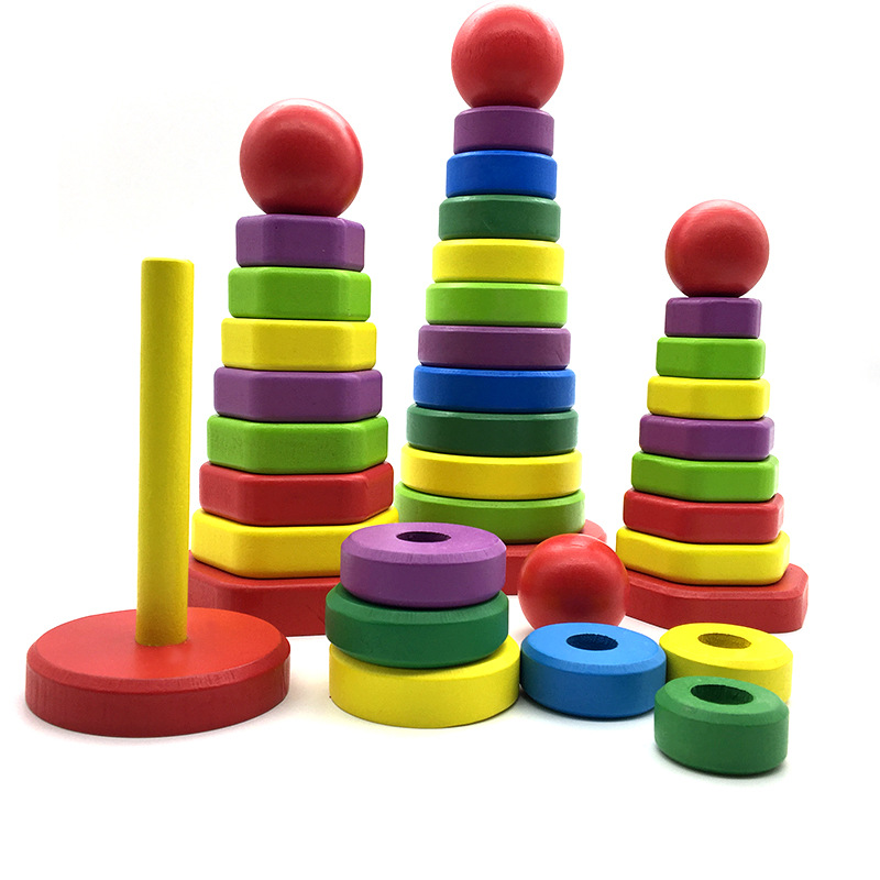 积木堆积玩具彩色六棱塔可拆卸实木早教婴幼儿彩色益智拼装拼砌