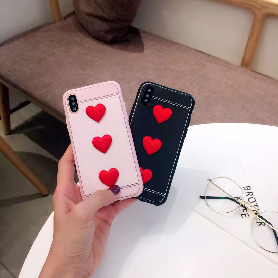 韩国粉色爱心iphonex/8/7手机保护套苹果6plus 皮纹全包软桃心潮