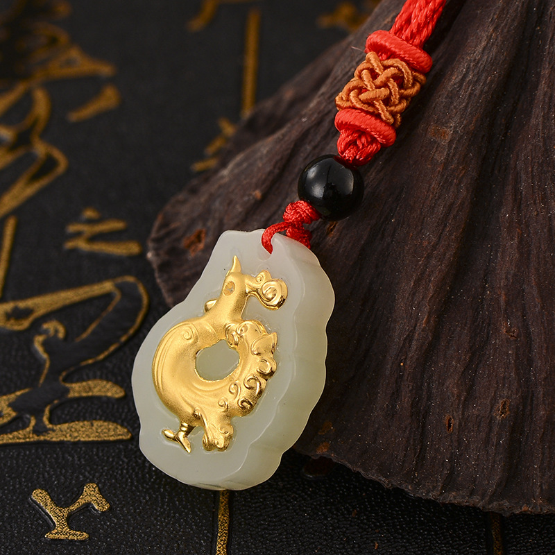 十二生肖新款金镶玉鸡吊坠4d天然和田玉镶金吊坠鸡年礼品厂家直销