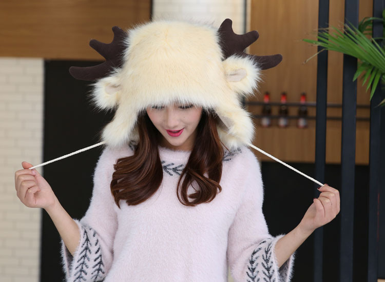 批发冬季双层加厚加绒保暖仿皮草鹿头帽子男女圣诞鹿雷锋帽子