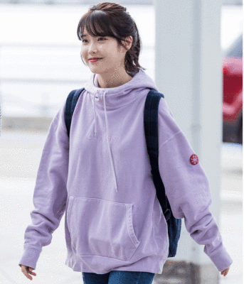 2017秋冬装iu同款李智恩机场连帽英文刺绣套头长袖紫色卫衣女