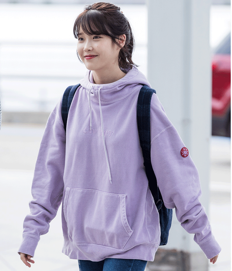 2017秋冬装iu同款李智恩机场连帽英文刺绣套头长袖紫色卫衣女
