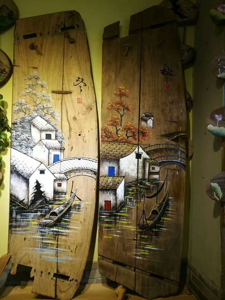 纯手绘木版画老门板油画风化木挂画壁画春夏秋冬系列酒店民宿装饰