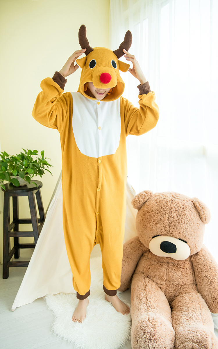 摇粒绒棕色桔色圣诞鹿卡通连体睡衣动物情侣演出服卡通连体家居服