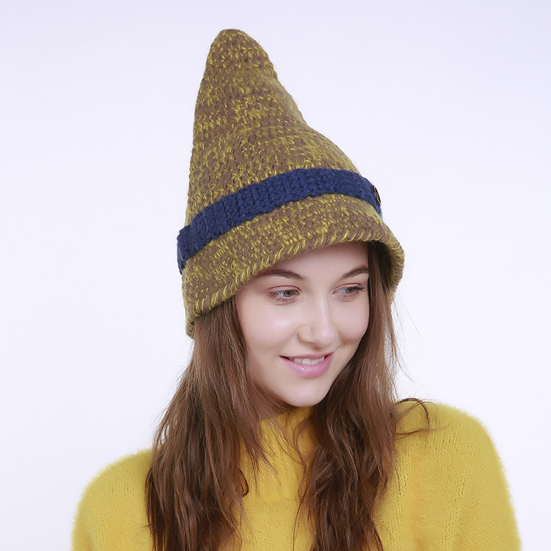 纯手工编织秋冬新款小尖头一个纽扣针织毛线混色帽子女巫尖尖帽