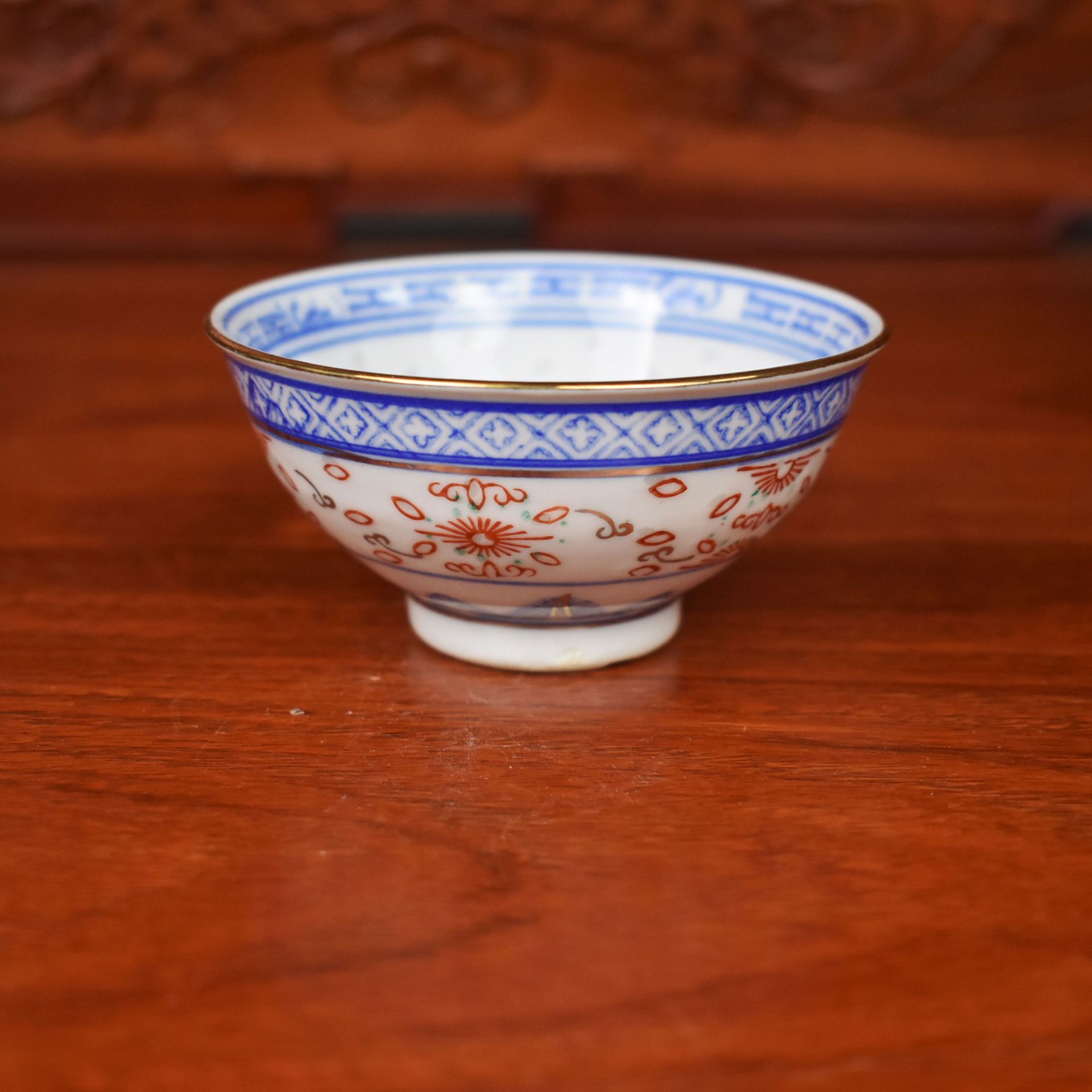 厂家直销 景德镇文革厂货青花玲珑描金加彩小茶碗/茶盅