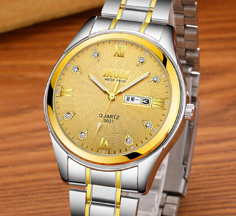 bosck手表 品牌商务男士钢双日历一件代发 时尚石英腕表