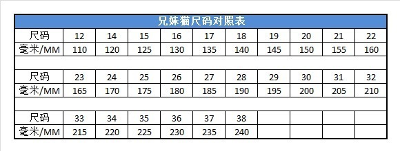 鞋码对照表回力图片