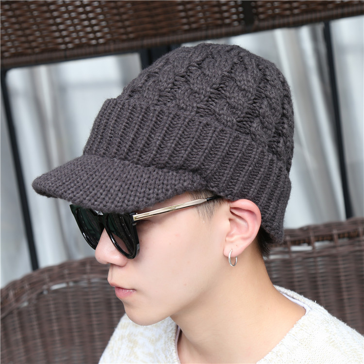 冬季新款男士针织麻花帽 加绒毛线帽 保暖鸭舌帽檐帽 帽子批发