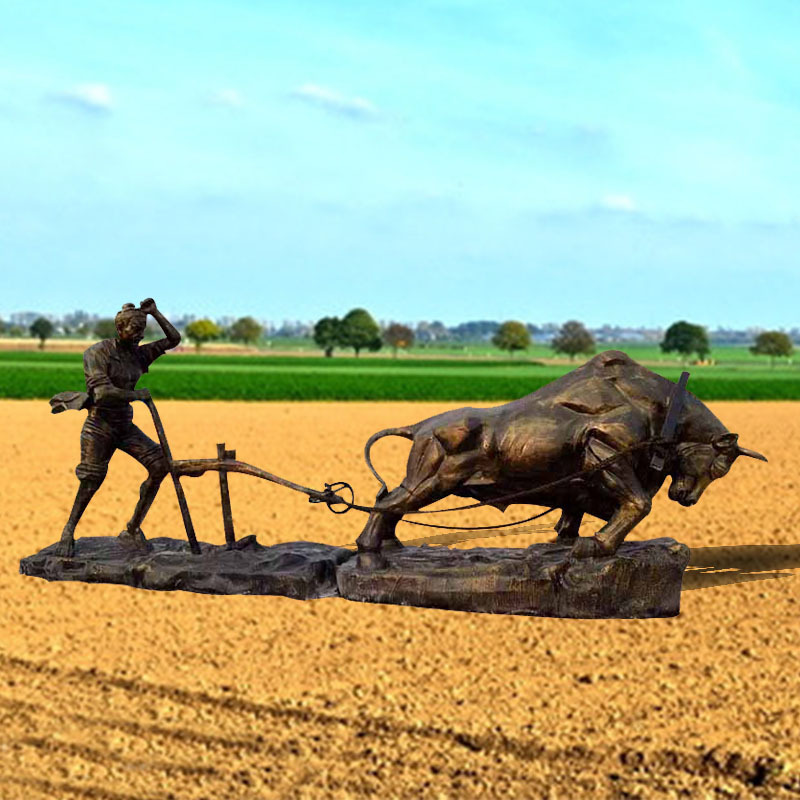 牛拉犁雕塑 玻璃钢仿铜农耕主题文化人物 公园开荒牛耕种牛摆件