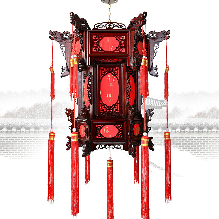 中式实木仿古羊皮灯笼六角红福宫灯装饰户外阳台茶楼吊灯批发