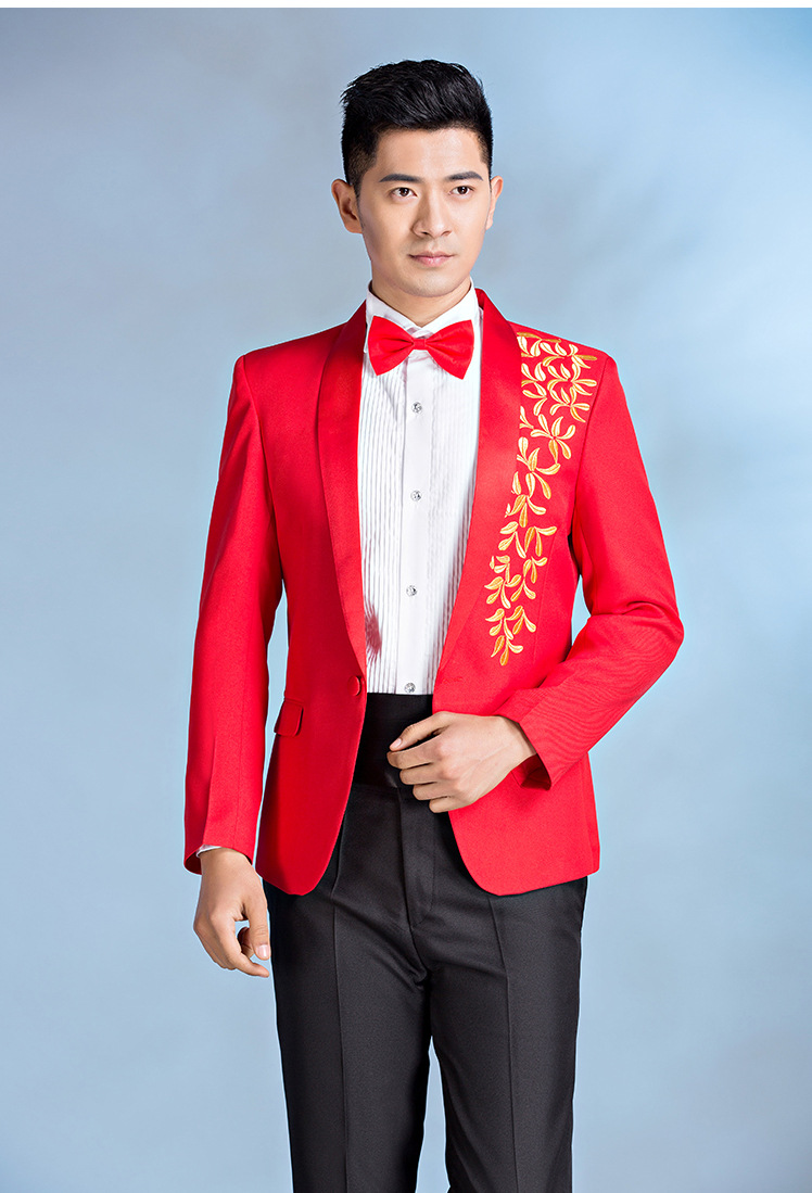 男士中山装合唱服刺绣中国风青花瓷男装演出服男士礼仪主持演出服