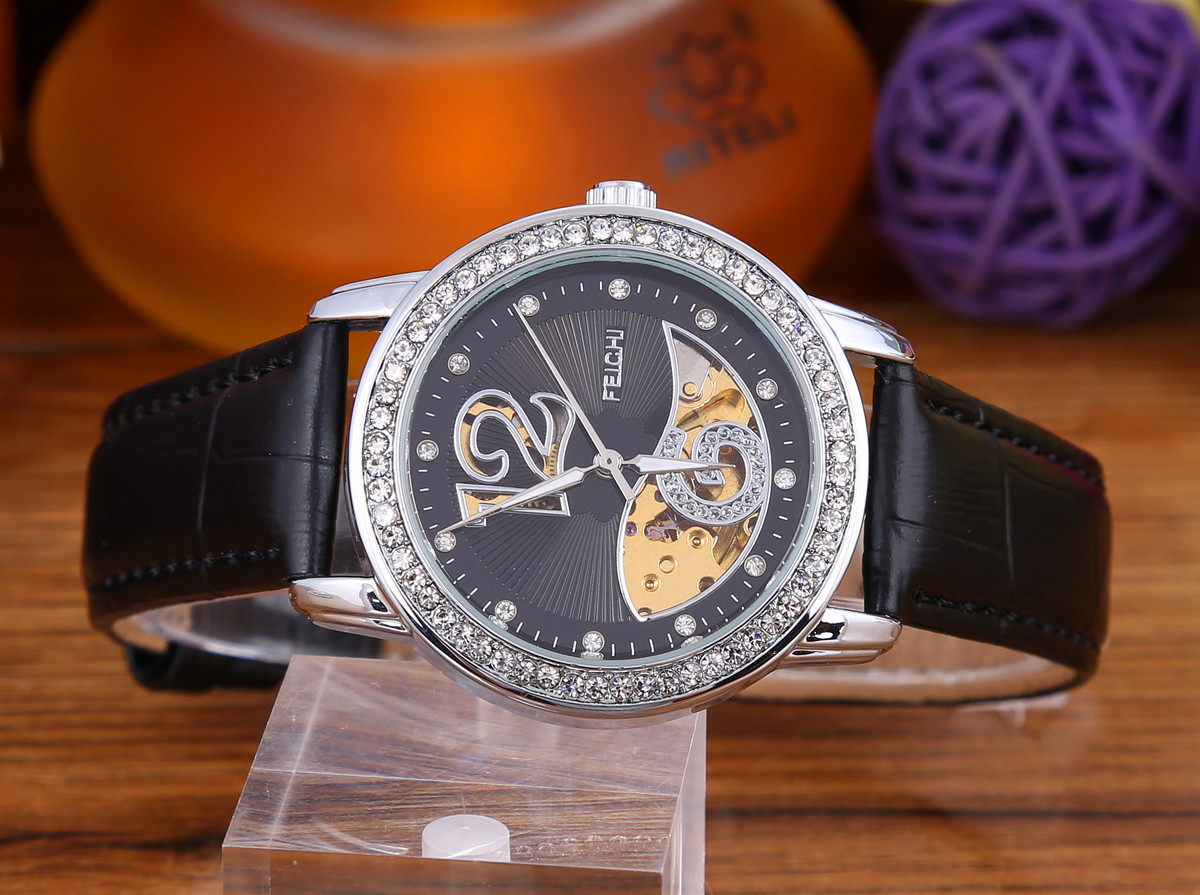 飞驰女士手表全自动机械真皮带手表镶钻多色休闲百搭女式时装表