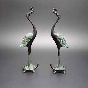 古玩杂项收藏老物件铜器 青铜器摆件小号灵芝鹤龟鹤铜仙鹤摆件