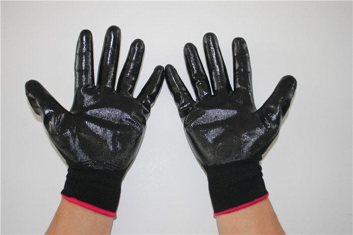 42克黑纱黑胶尼龙丁腈手套耐油防磨透气劳保手套厂家批发