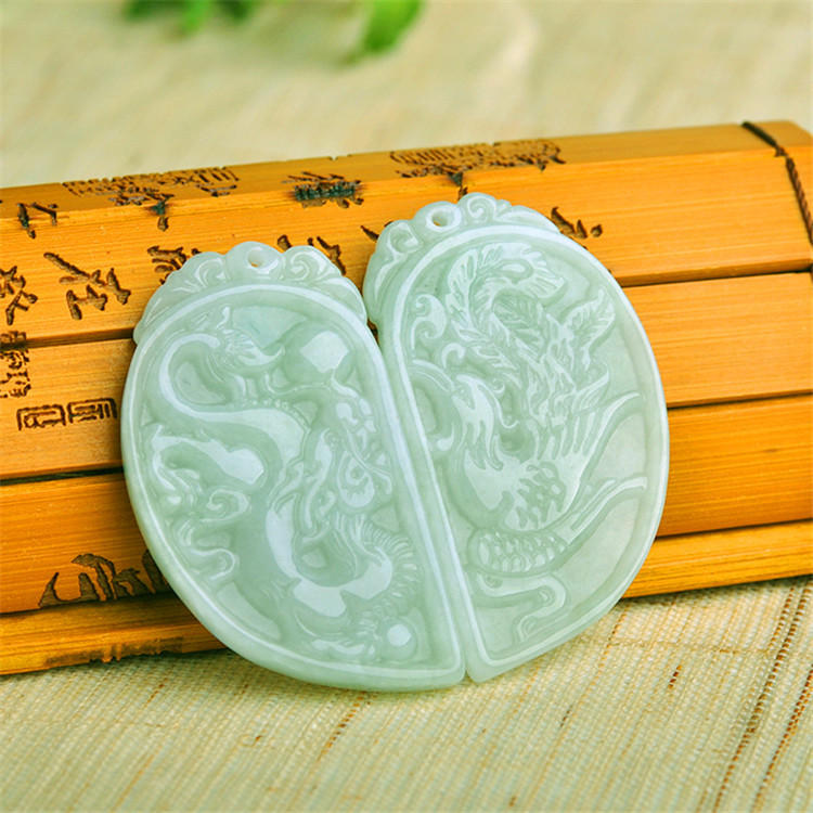 厂家直供天然缅甸玉石a货油青吊坠 玉器情侣一对挂件翡翠龙凤对