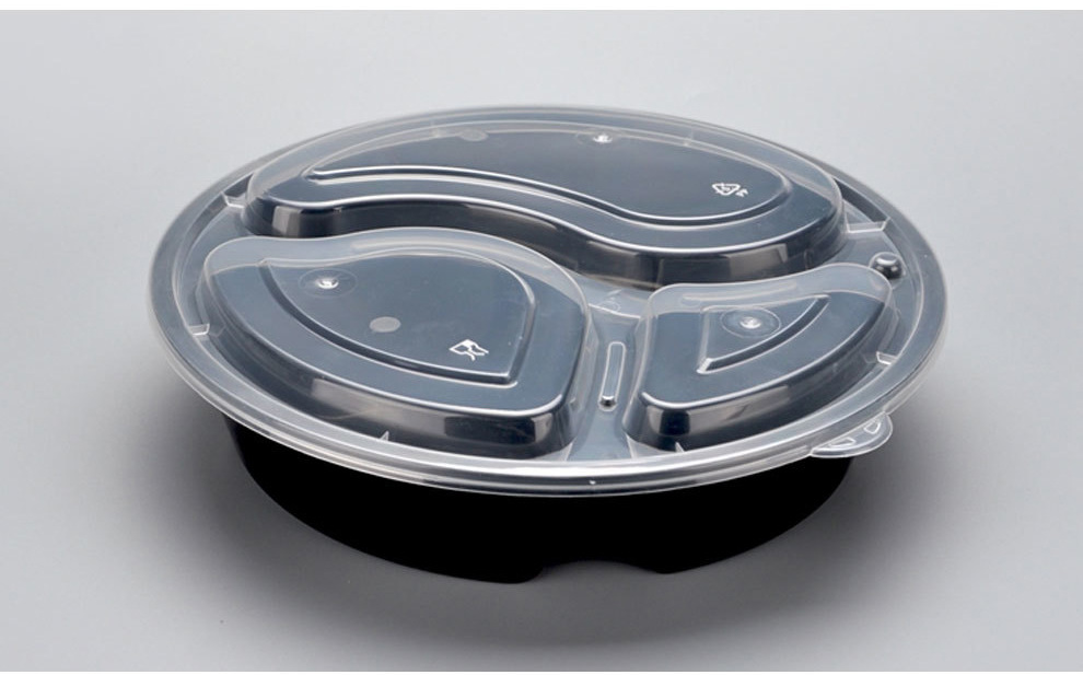 jy838圆形三格打包盒注塑加厚便当盒快餐饭盒可微波外卖餐盒150套