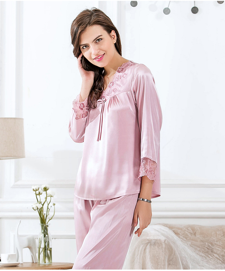 丝绸睡衣女士春夏新品仿真丝长袖家居服v领套头刺绣两件套