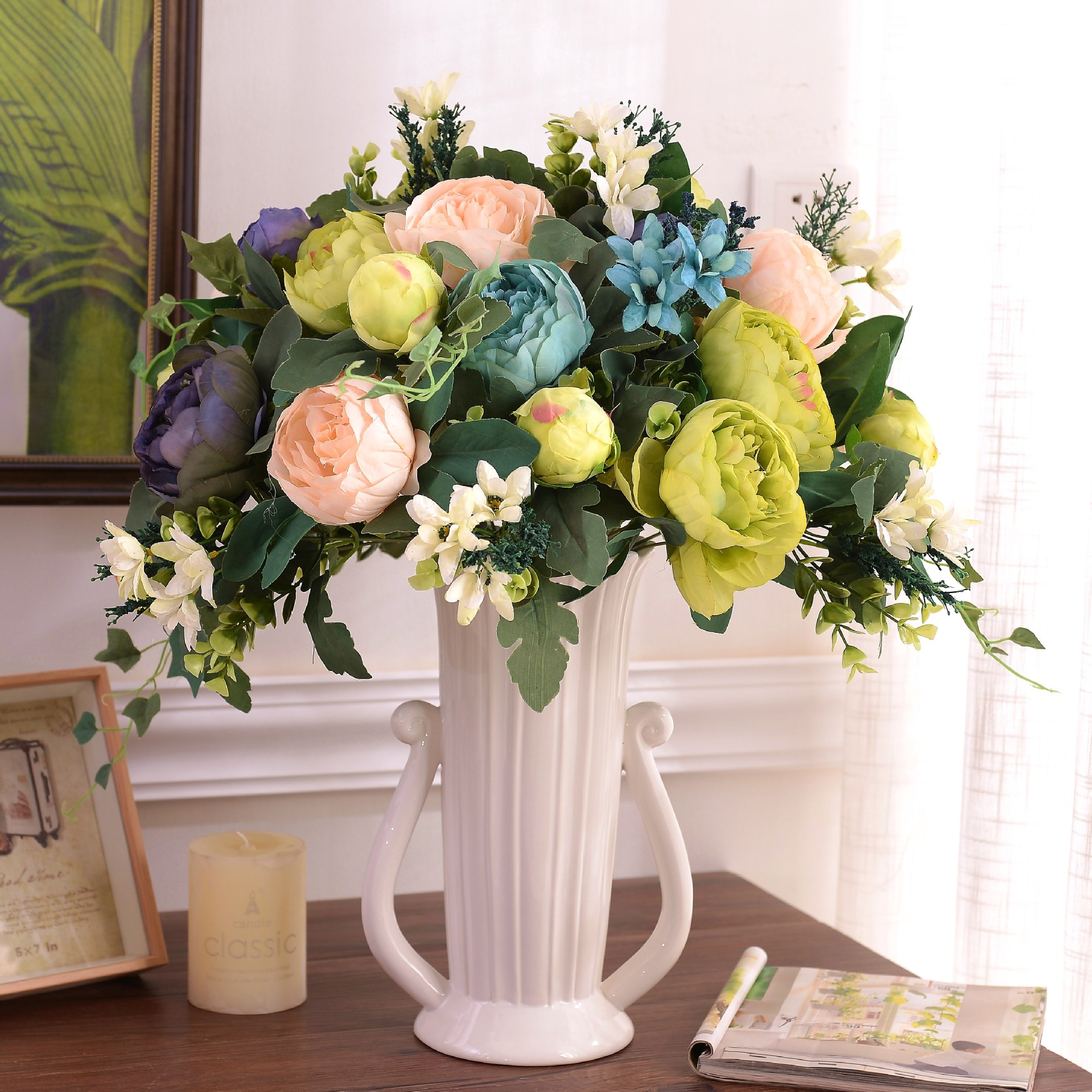 乡村复古怀旧陶瓷小花瓶摆件插花瓶子双耳奖杯花器花店采购小号