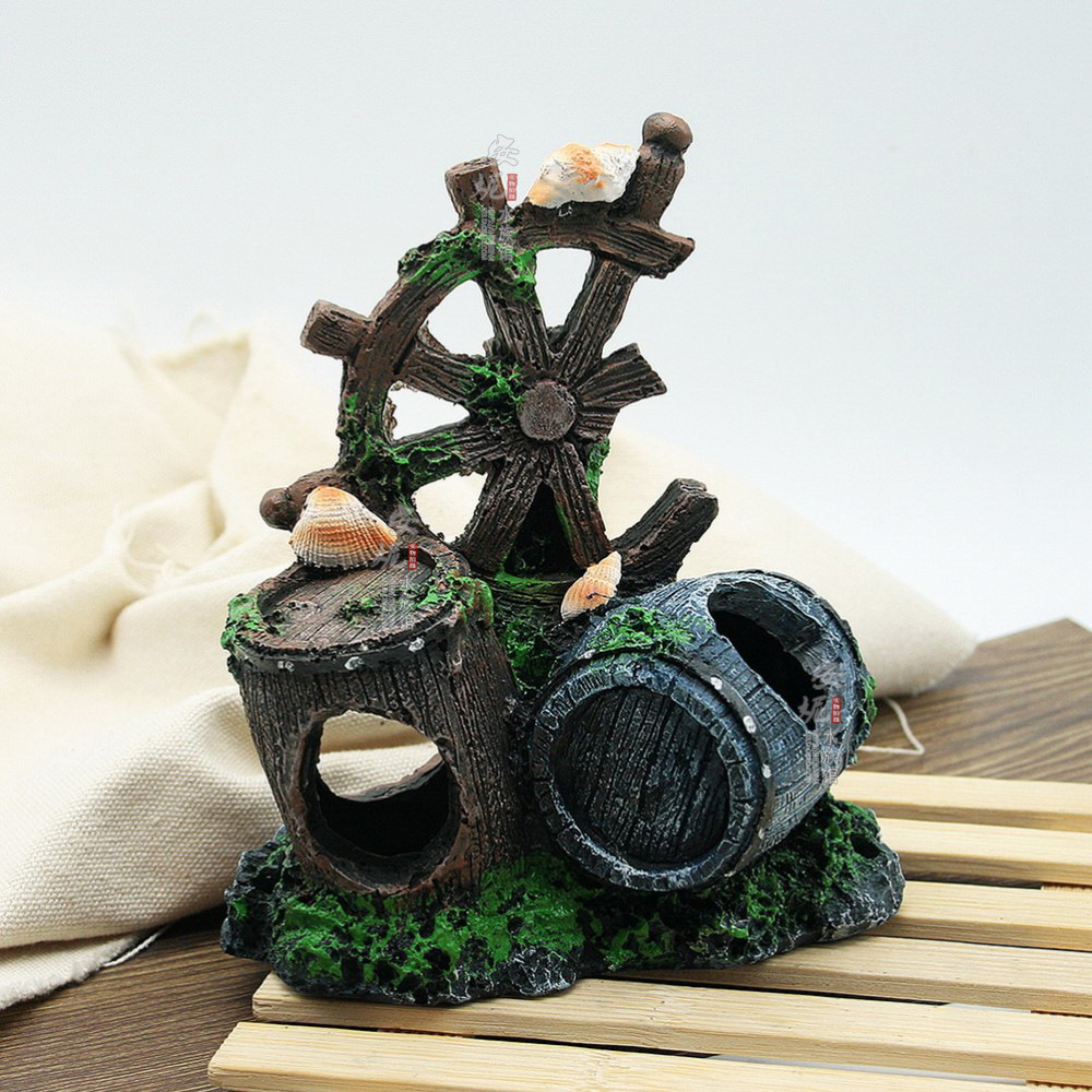 批发水族箱器材配件 鱼龟缸装饰造景 树脂工艺品 虾鱼屋 仿古酒桶