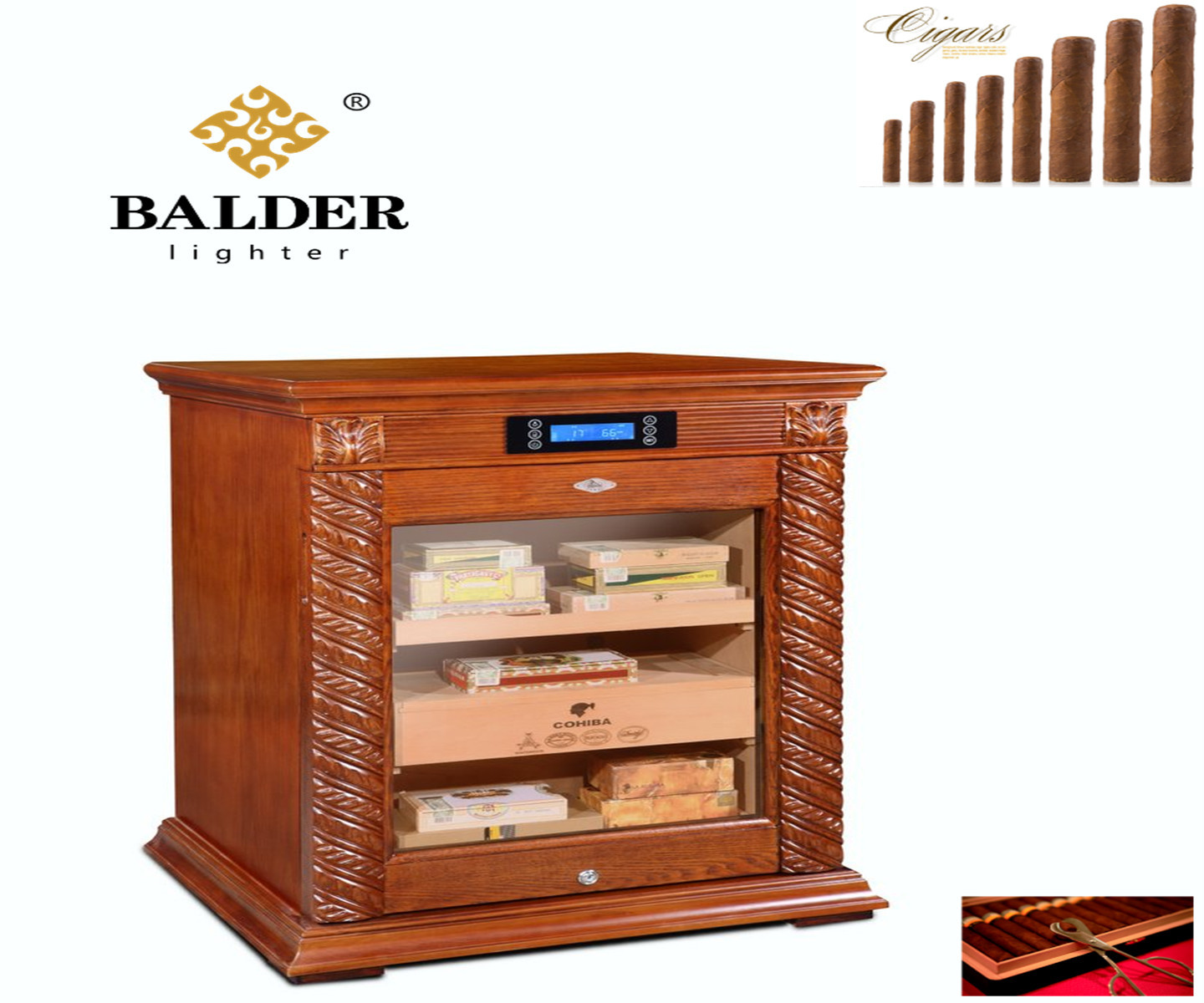 lubinski雪茄柜雪松木雕花三层恒温保湿柜 带高希霸醇化箱