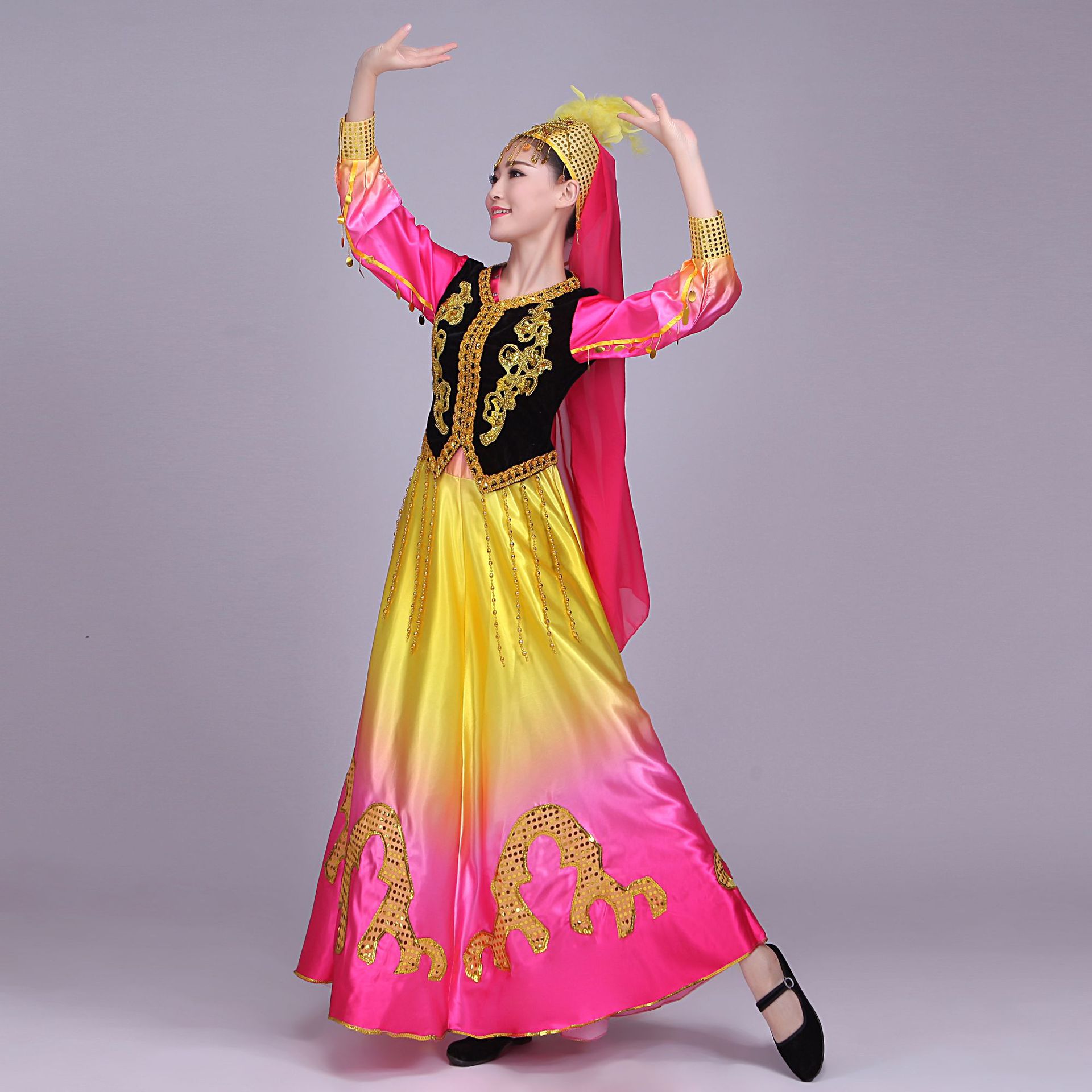 新款新疆维吾尔族舞蹈演出服装 女少数民族舞台演出饰 成人连衣裙