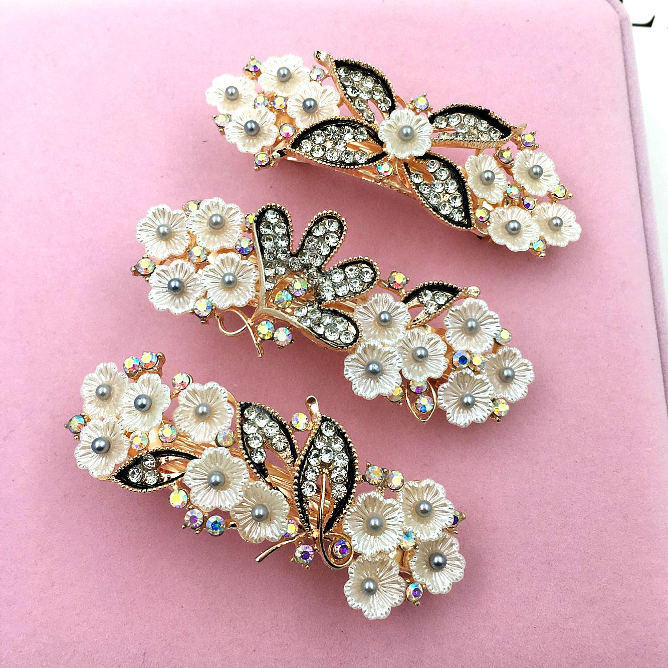 韩版发饰新款水晶水钻发夹彩色碎花小珍珠弹簧夹10元精品地摊热卖