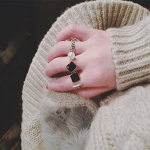 韩国新款个性黑色方块几何三件套戒指 3件套珍珠开口指环装饰品女