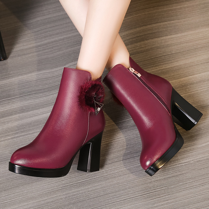 2018粗女马丁靴高跟女棉靴全牛皮水貂毛跟短靴女一件代发女式皮靴