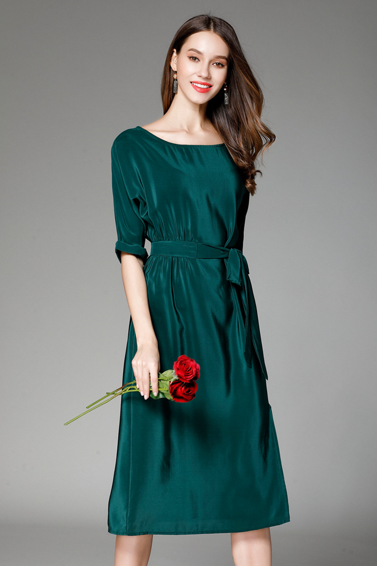 2017夏季新款重磅真丝连衣裙 五分袖系腰带桑蚕丝宽松显瘦长裙