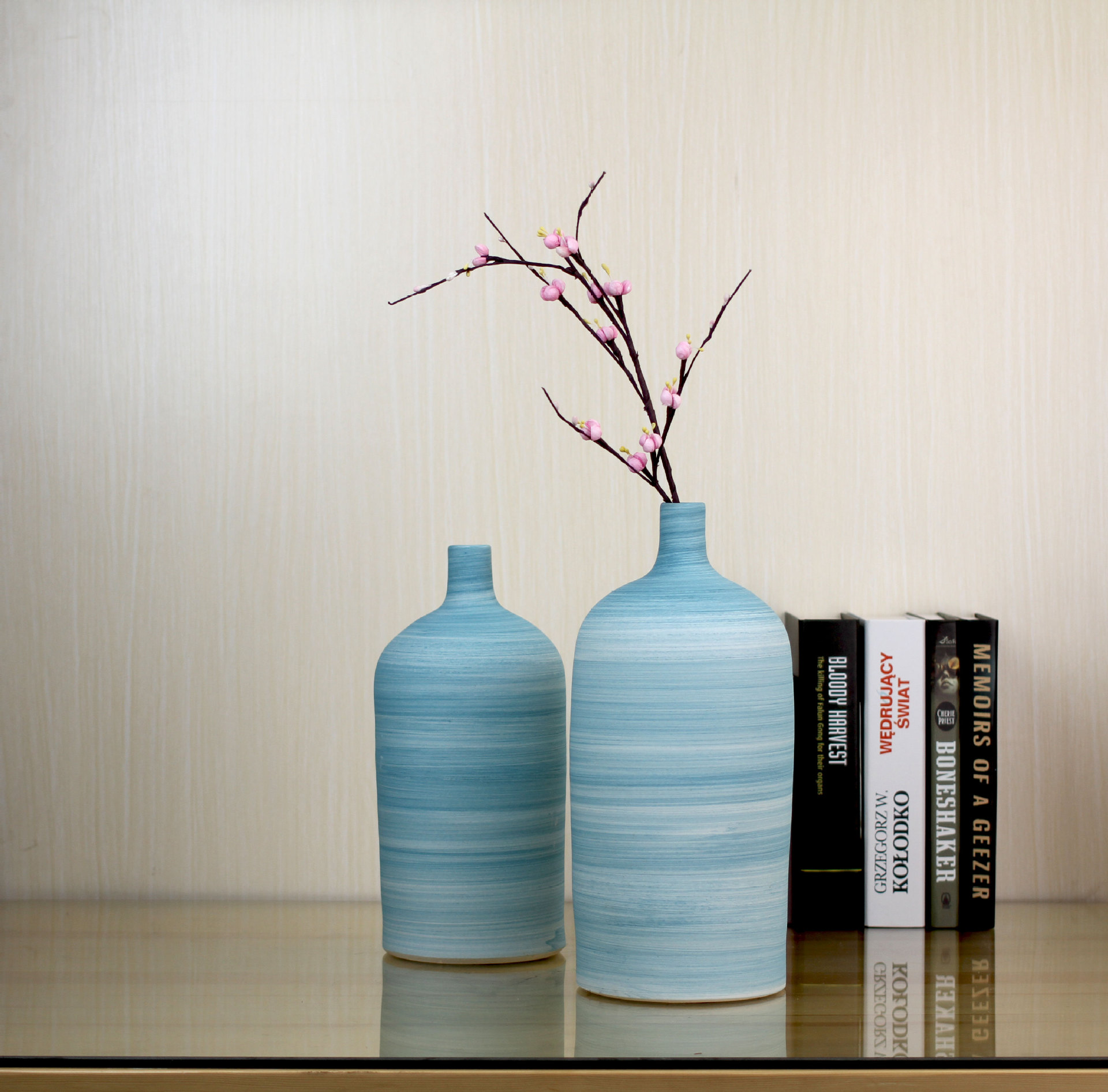 渐变撞色花瓶 彩釉螺纹陶瓷花瓶创意家居摆件两件套装饰工艺品