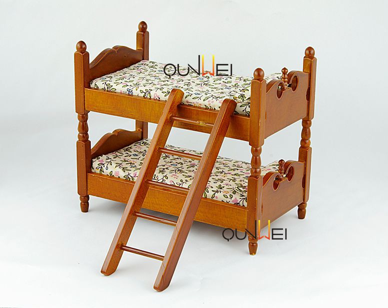微型娃娃屋迷你家具木制双层床玩具袖珍1:12木质家具