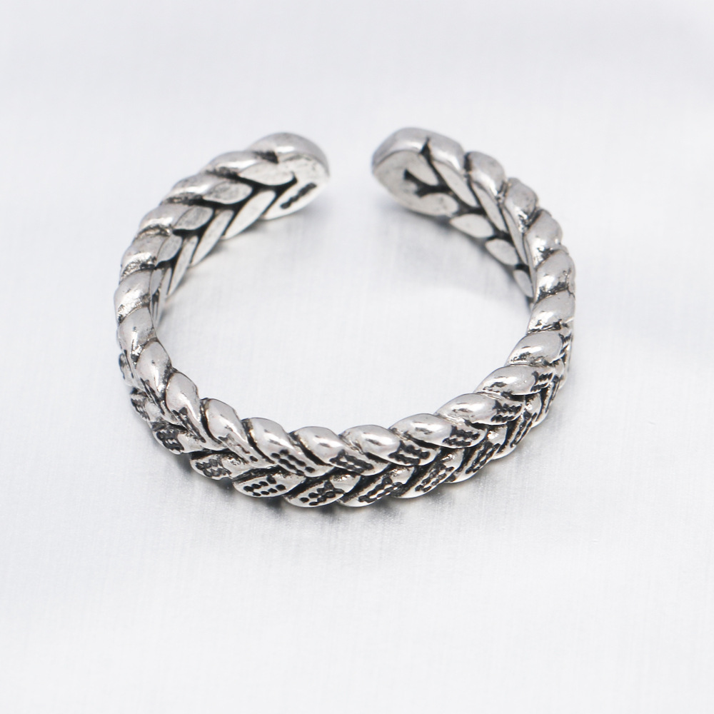 编织麻花戒指女 韩国开口关节戒指银复古斜纹 指环