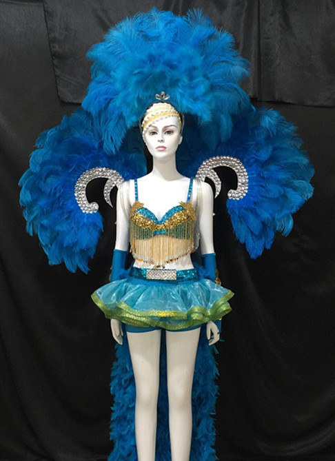 羽毛开场舞队舞台演出服饰 桑巴舞蹈服装 套装 鸵鸟毛背板 头饰