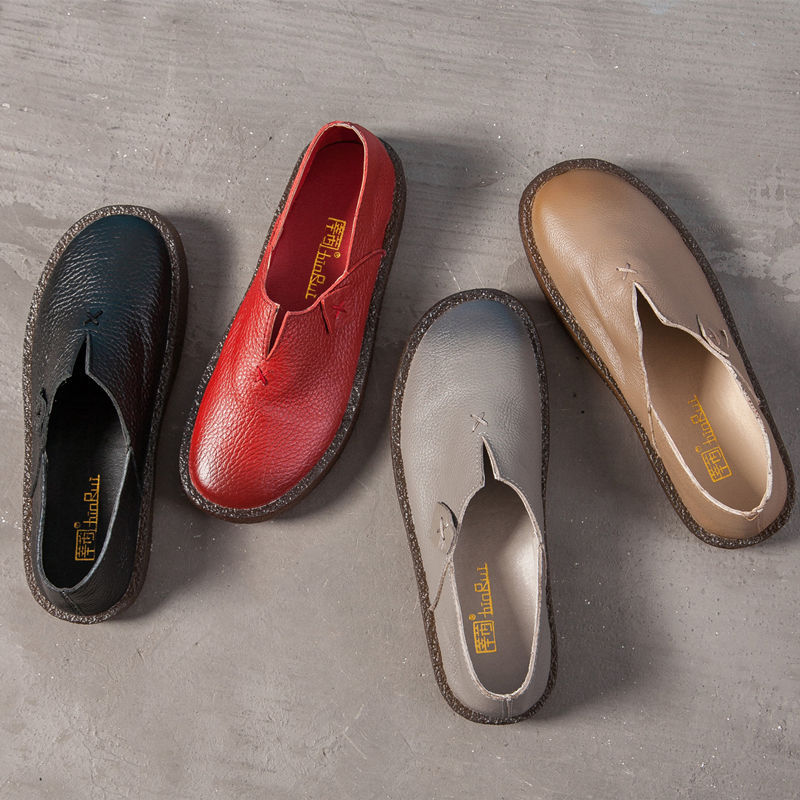 5万双莘芮爆款复古个性民族风舒适真皮软底女鞋豆豆鞋浅口纯手工单鞋