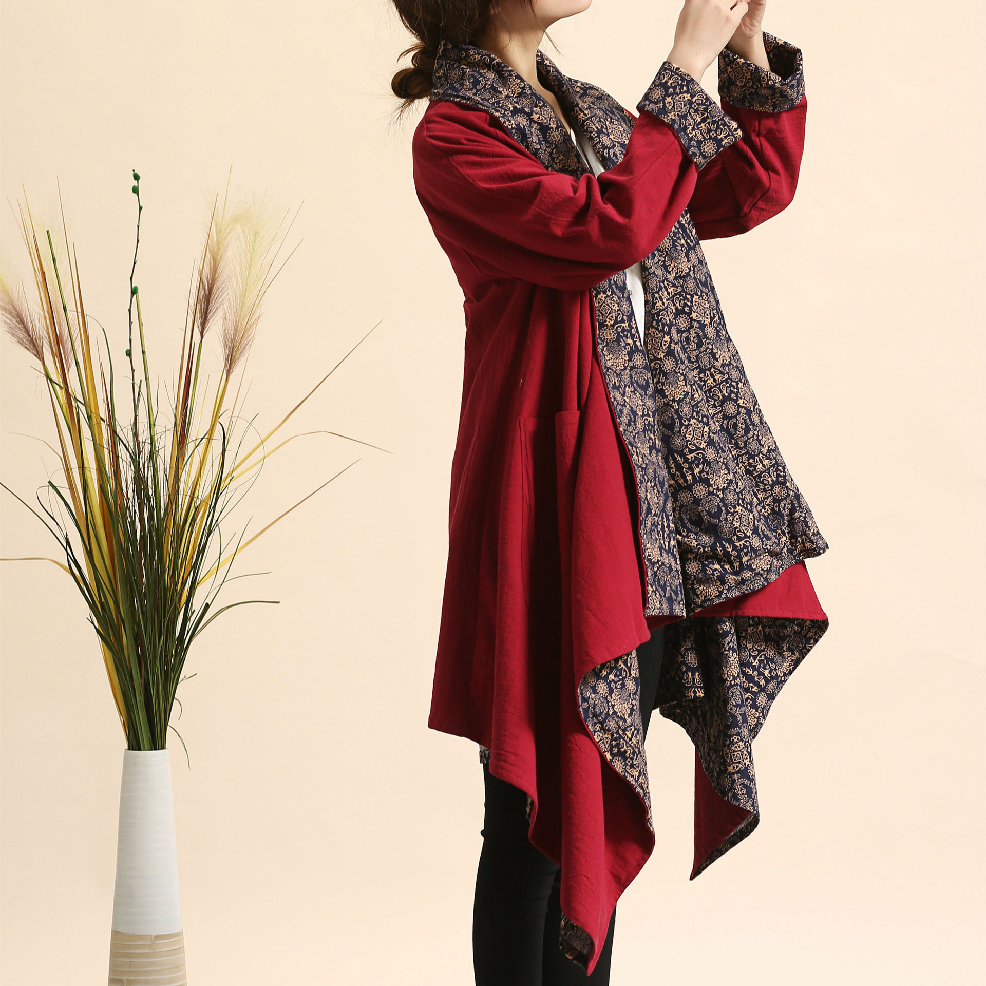 阿萨佑布衣 民族风女装秋冬新款风衣双面穿碎花披风插兜长款外套