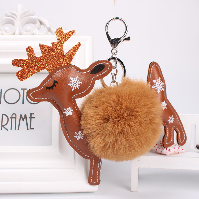 Exquisite Cartoon Christmas Deer Car Key Ring Creative Little Dear Leather Wool-like Fuzzy Ball Pendant Bag Ornaments