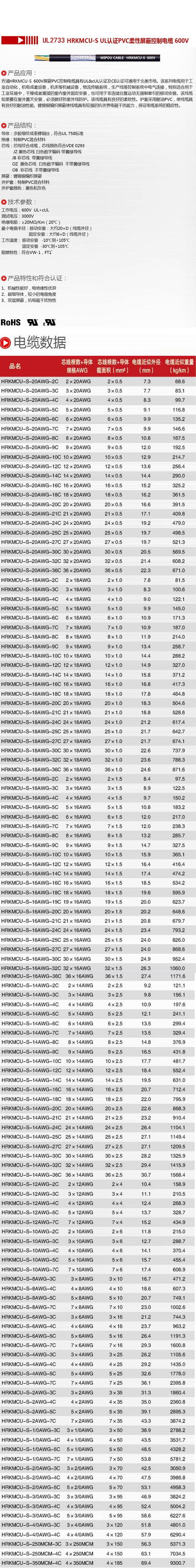 ul认证美标电子线ul2733-2*18awg环保阻燃多芯柔性美标屏蔽电缆