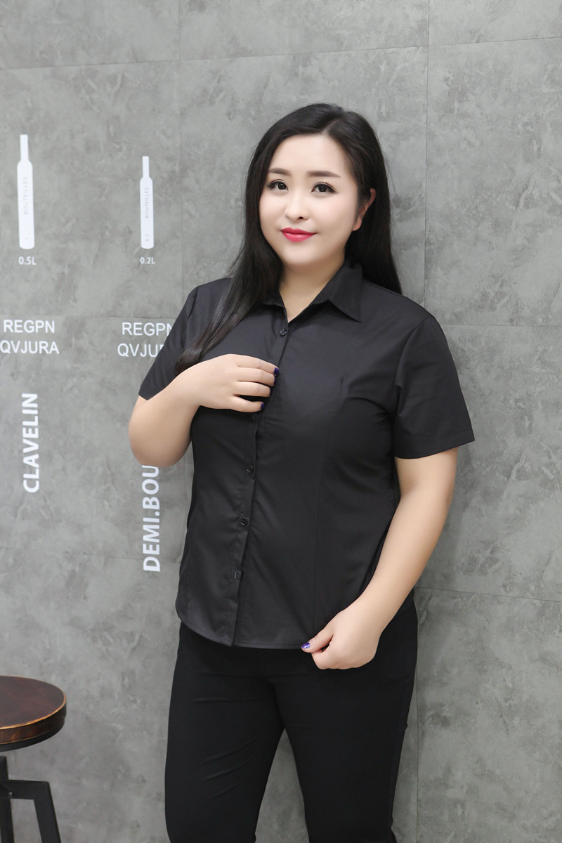 107#韩版修身大码女装加肥显瘦职业衬衫女长袖棉胖mm最爱衬衣黑