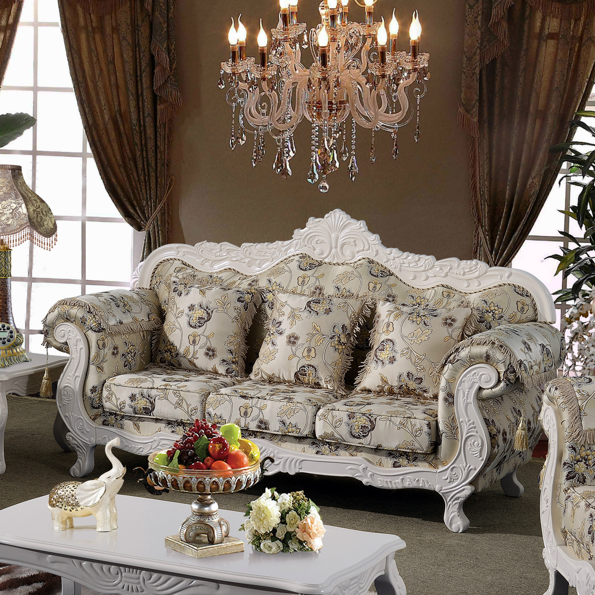 巢熙家具欧式布艺沙发 家居厅 象牙白实花布艺沙发8611