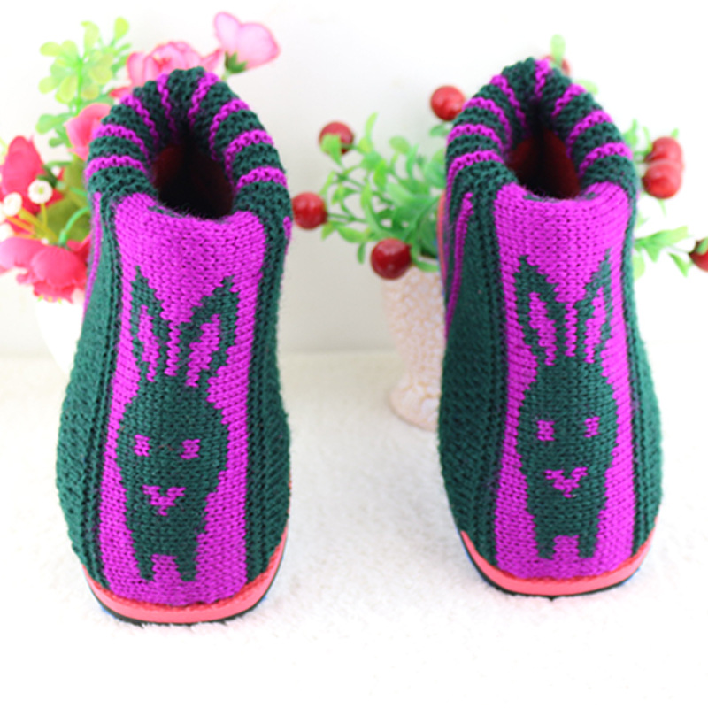 兔子头兔子耳朵女童玫红色手工毛线童鞋杭州宝宝手工毛线鞋批发