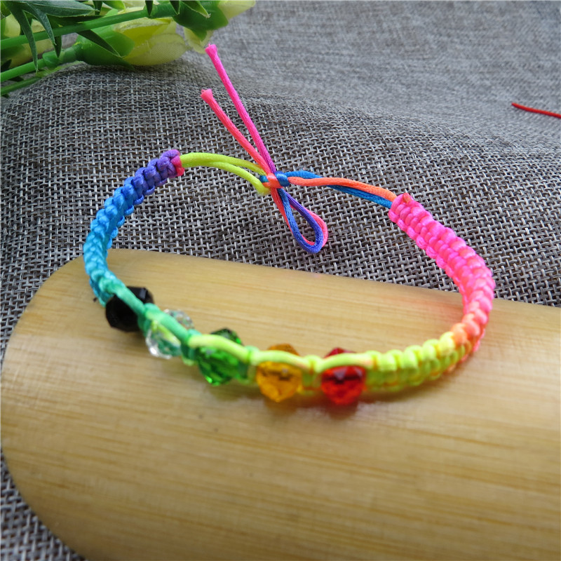 端午节五彩绳五色线手腕绳批发 彩虹系七彩手链水晶五行转运珠款
