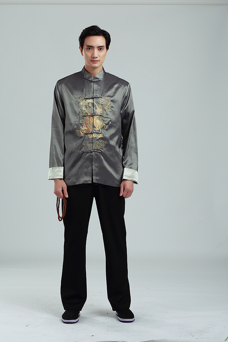 刺绣金双龙翻袖唐装男士长袖外套2318-2春秋冬男装休闲立领男上衣