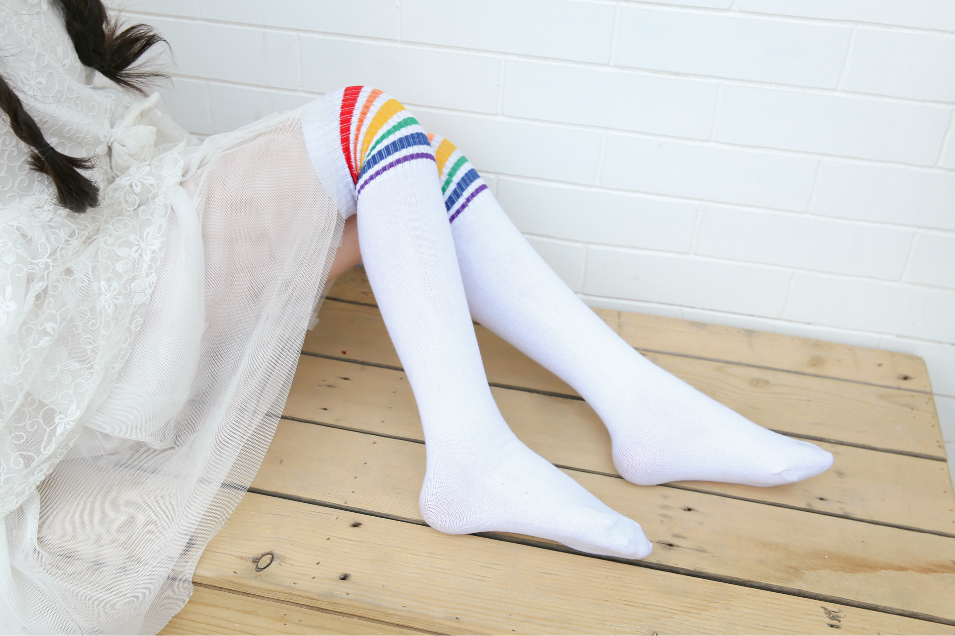 春秋新款儿童中筒袜 女童彩虹过膝袜纯棉袜子 儿童袜外贸批发