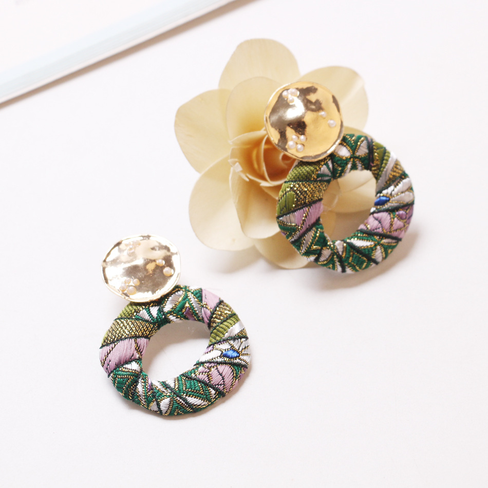 欧美波西米亚风嵌入式珍珠圆圈耳环帆布编织耳环女性时尚耳饰批发