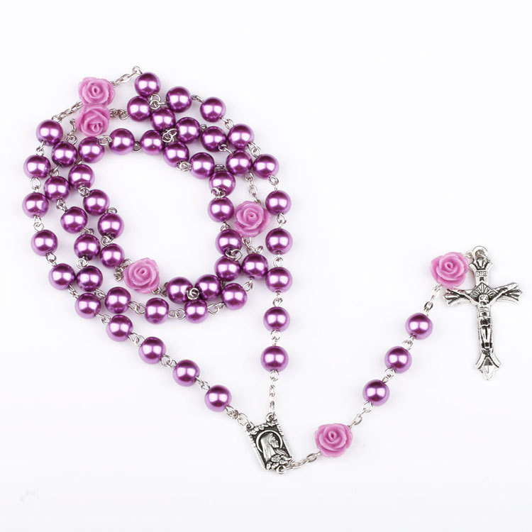 Amazon Hot Sale Purple Imitation Pearl Rose Flower Rosary Necklace Cross Virgin Necklace